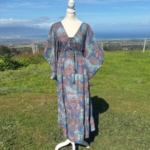 Anthropologie Boemo Blue Paisley Smocked Tiered Kimono Sleeves Maxi Boho Dress M